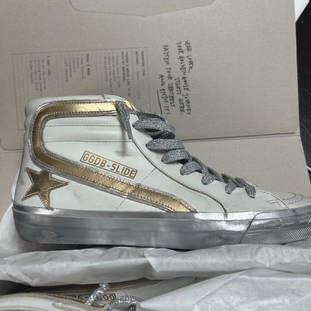 Golden Goose white/gold/silver high top slide sneaker size 39